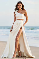 Load image into Gallery viewer, White One Shoulder Satin Long Engagement Dress with Slit