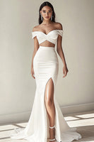 Load image into Gallery viewer, White Off the Shoulder Ruched Graduation Dress with Slit