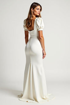 Ivory Square Neck Mermaid Crepe Long Rehearsal Dinner Dress with Puff Sleeves