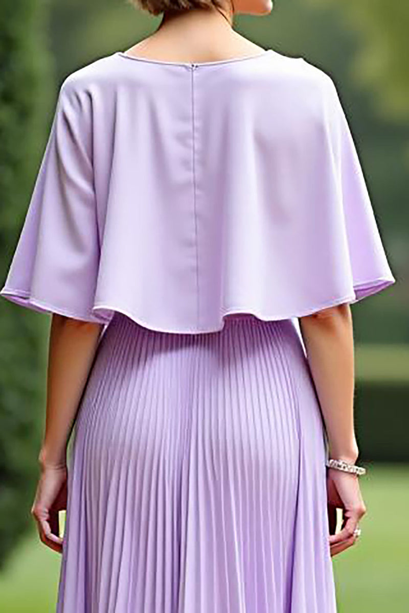 Load image into Gallery viewer, Lilac Cape Pleated Tea Length Mother of the Bride Dress