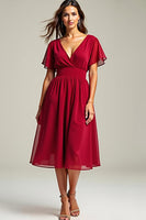 Load image into Gallery viewer, Red V-Neck Knee Length Chiffon Mother of the Bride Dress with Short Sleeves