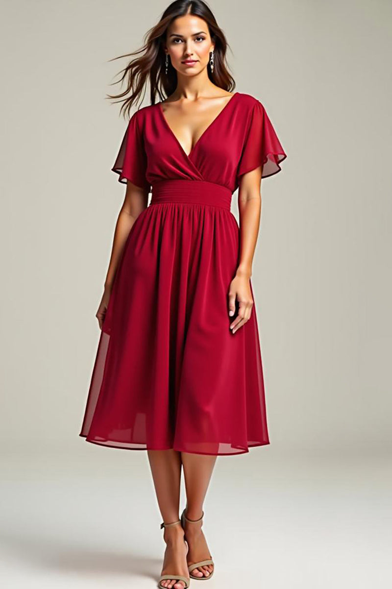 Load image into Gallery viewer, Red V-Neck Knee Length Chiffon Mother of the Bride Dress with Short Sleeves