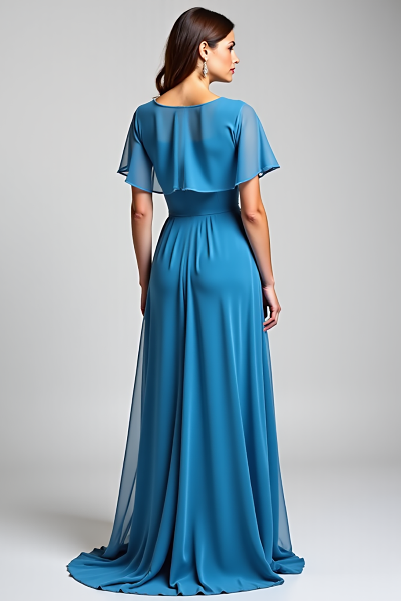 Load image into Gallery viewer, Blue Long Chiffon Mother of the Bride Dress with Short Sleeves