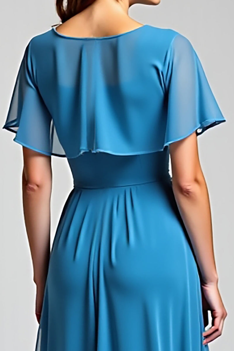 Load image into Gallery viewer, Blue Long Chiffon Mother of the Bride Dress with Short Sleeves