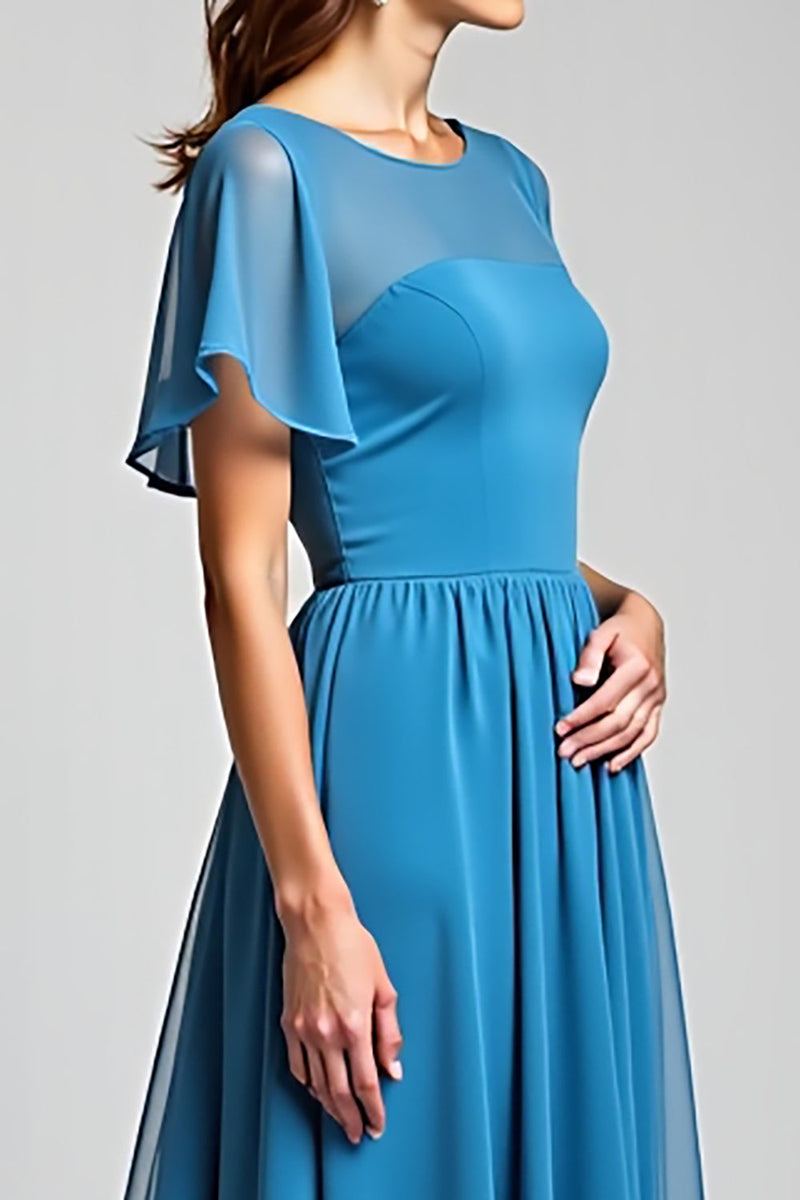 Load image into Gallery viewer, Blue Long Chiffon Mother of the Bride Dress with Short Sleeves