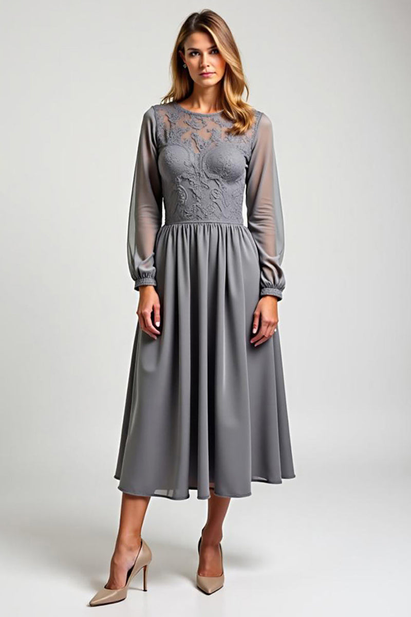 Load image into Gallery viewer, Grey Chiffon Embroideried Mother of the Bride Dress with Long Sleeves
