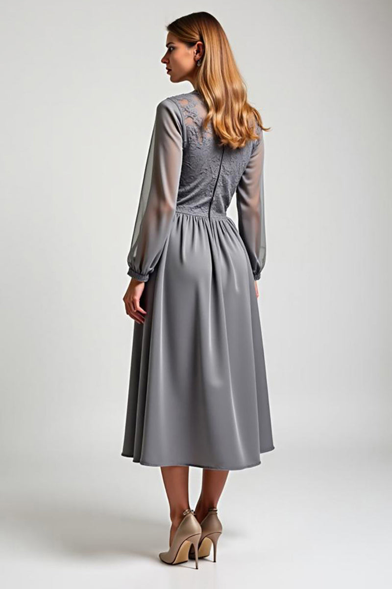 Load image into Gallery viewer, Grey Chiffon Embroideried Mother of the Bride Dress with Long Sleeves