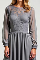 Load image into Gallery viewer, Grey Chiffon Embroideried Mother of the Bride Dress with Long Sleeves