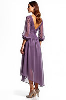 Load image into Gallery viewer, Plum Chiffon High Low Mother of the Bride Dress with Long Sleeves