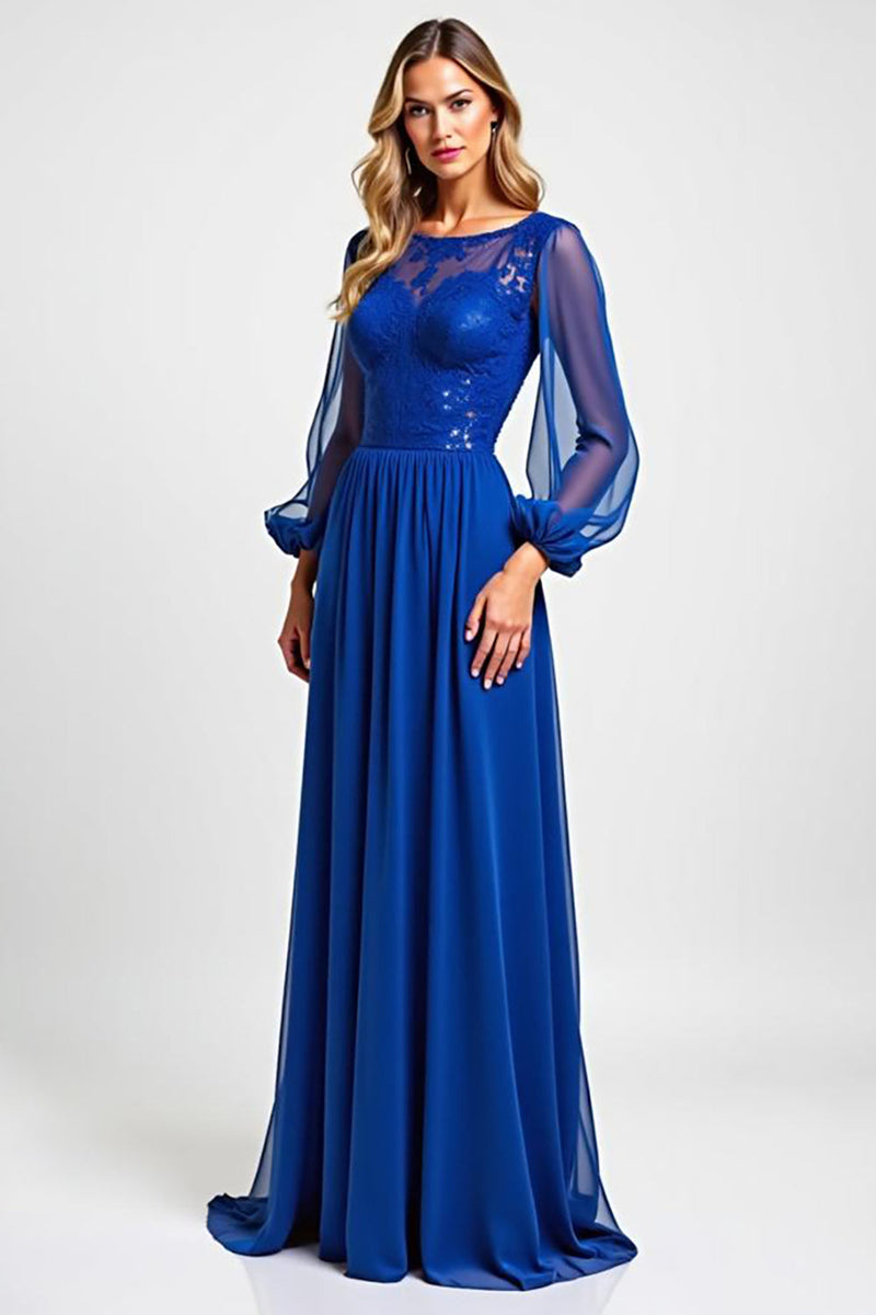 Load image into Gallery viewer, Royal Blue Chiffon Embroderied Mother of the Bride Dress with Long Sleeves