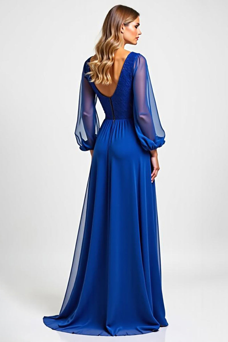Load image into Gallery viewer, Royal Blue Chiffon Embroderied Mother of the Bride Dress with Long Sleeves