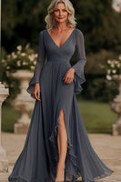 Load image into Gallery viewer, Dark Grey A Line Ruched Long Chiffon Mother of the Bride Dress with Slit