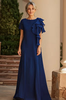 Load image into Gallery viewer, Sheath Chiffon Scoop Navy Long Mother of the Bride Dress with Short Sleeves