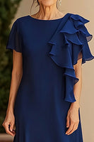 Load image into Gallery viewer, Sheath Chiffon Scoop Navy Long Mother of the Bride Dress with Short Sleeves