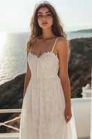 Load image into Gallery viewer, White Spaghetti Straps A Line Long Lace Engagement Dress