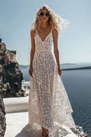 Load image into Gallery viewer, Boho White Deep V-Neck A Line Long Lace Engagement Dress