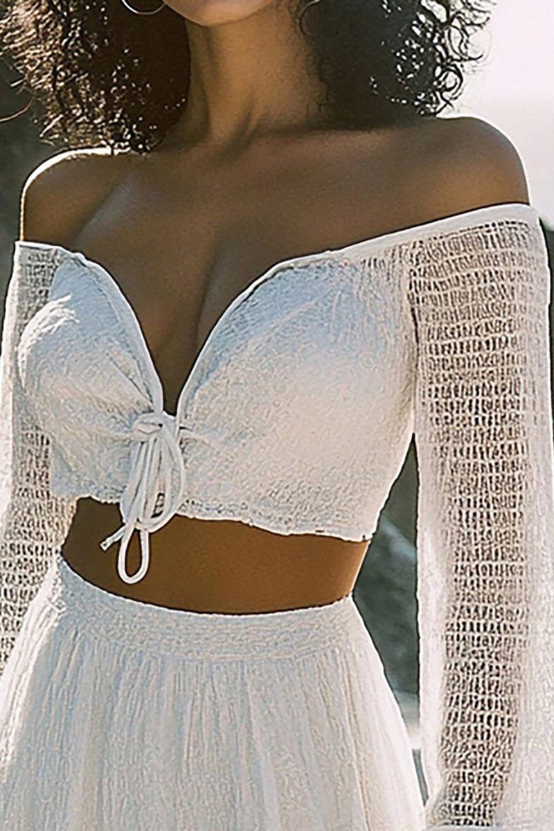 Load image into Gallery viewer, White 2 Piece Off The Shoulder Short Graduation Dress with Long Sleeves