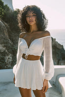 Load image into Gallery viewer, White 2 Piece Off The Shoulder Short Graduation Dress with Long Sleeves