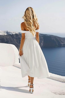 White Off the Shoulder A Line Chiffon Tea Length Graduation Dress