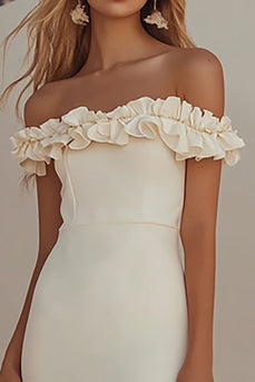 White Off the Shoulder Mermaid Long Engagement  Dress with Fuffles