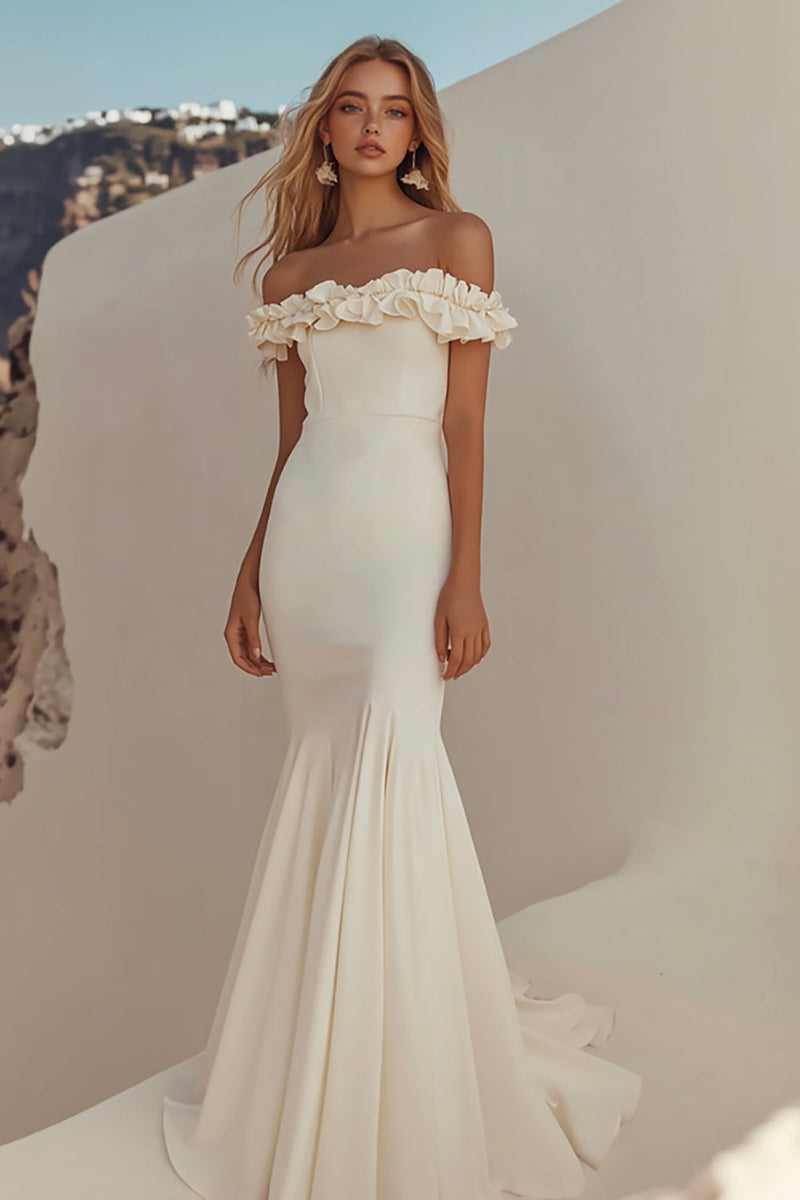 Load image into Gallery viewer, White Off the Shoulder Mermaid Long Engagement  Dress with Fuffles