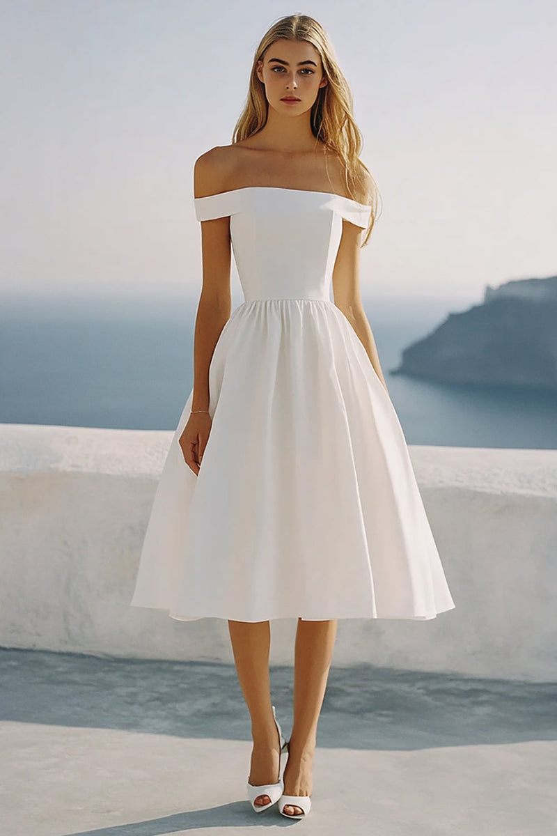 Load image into Gallery viewer, Off the Shoulder A Line Tea Length Graduation Dress