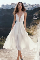 Load image into Gallery viewer, Flowy Chiffon Deep V-Neck White Tea Length Graduation Dress