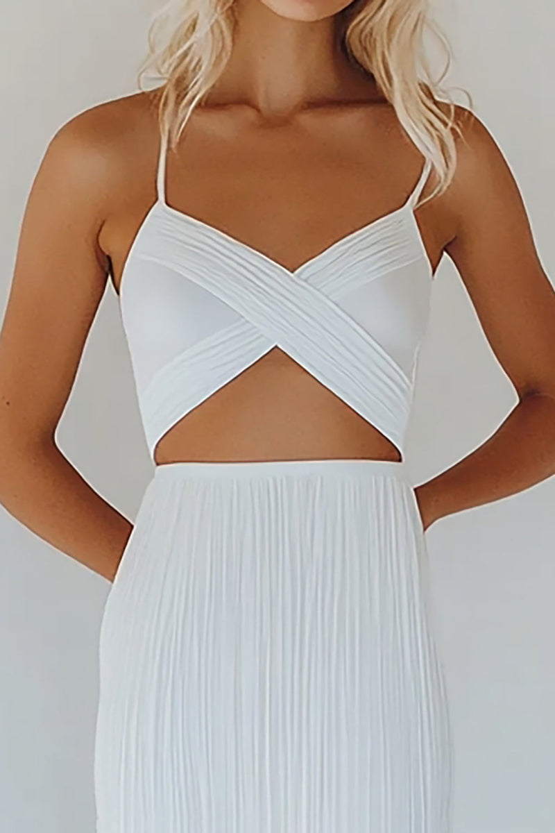 Load image into Gallery viewer, White Spaghetti Straps Cut Out Ankle Length Engagement Dress