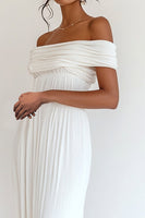 Load image into Gallery viewer, White Off The Shoulder Pleated Chiffon Long Engagement Dress