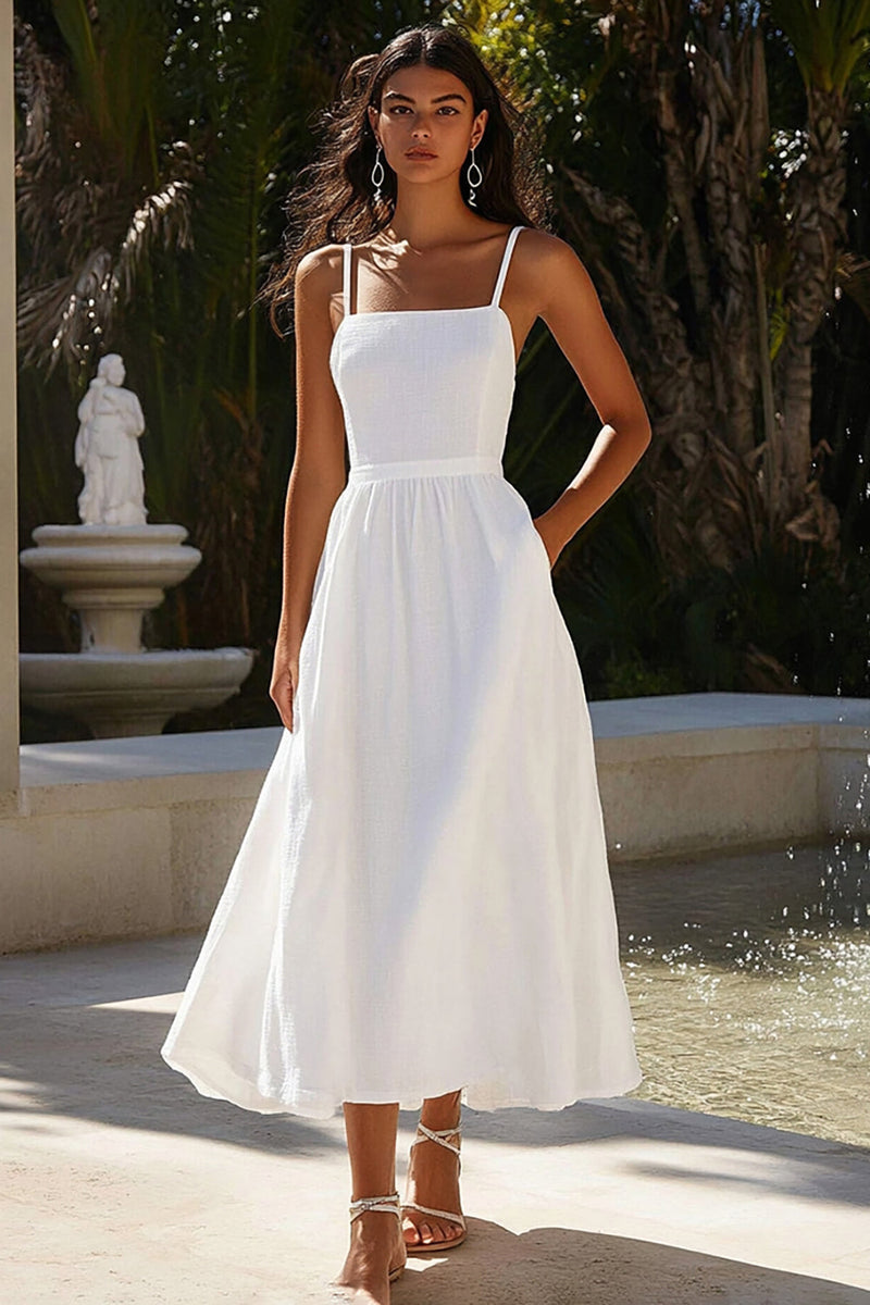 Load image into Gallery viewer, A Line White Spaghetti Straps Ankle Length Graduation Dress