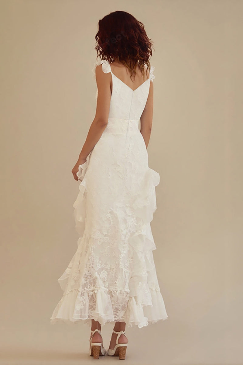 Load image into Gallery viewer, White Lace Ankle Length Graduation Dress with Ruffles
