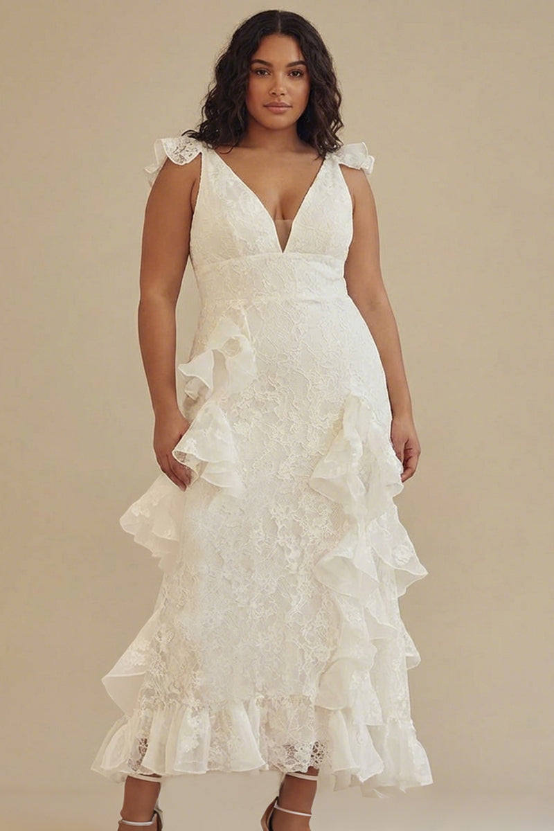 Queendancer Women White Lace Deep V-Neck Ankle Length Graduation Dress with Ruffles Sheath Chiffon Little White Dress – queendanceruk
