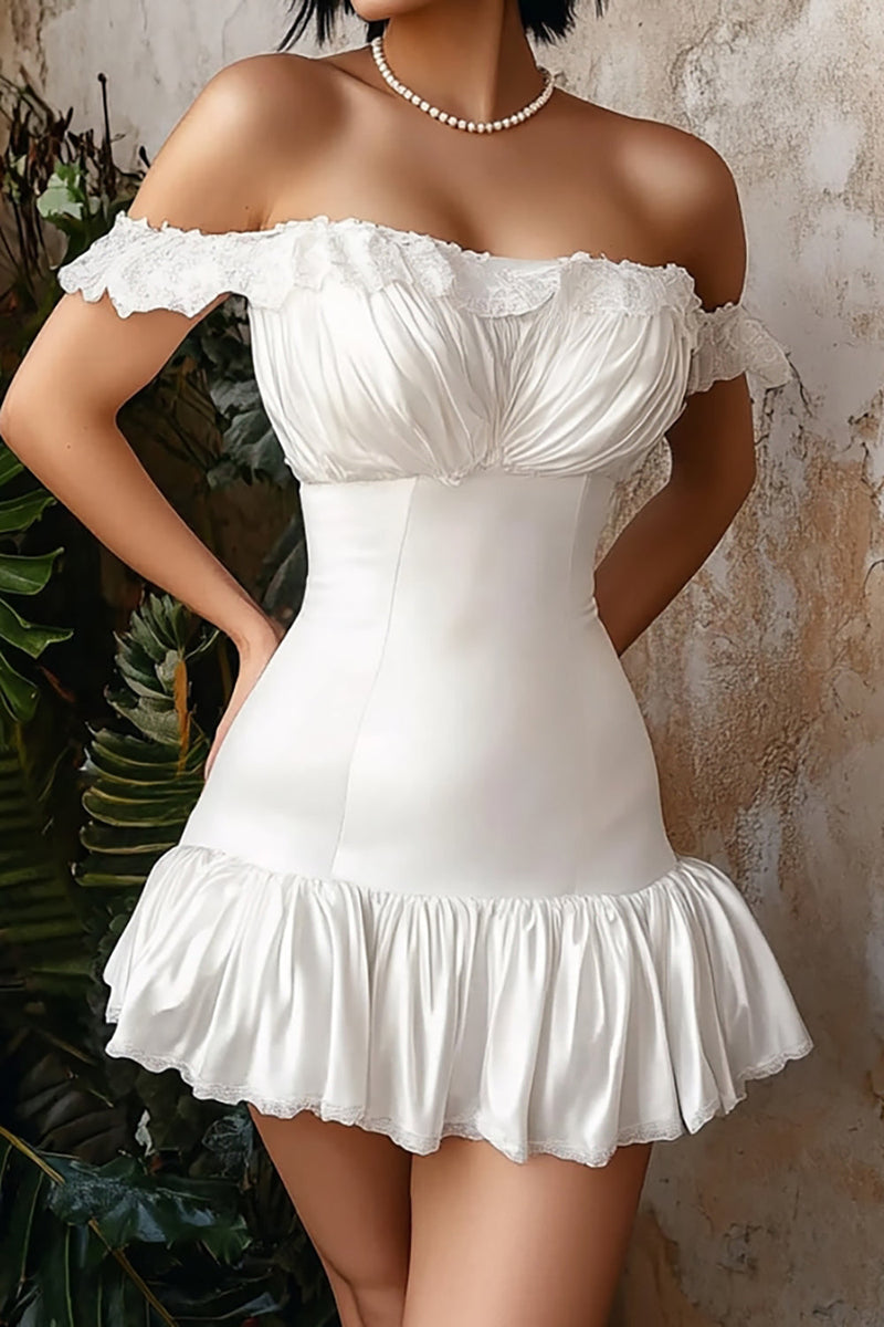 Load image into Gallery viewer, White Off The Shoulder Ruched Mini Length Satin Graduation Dress