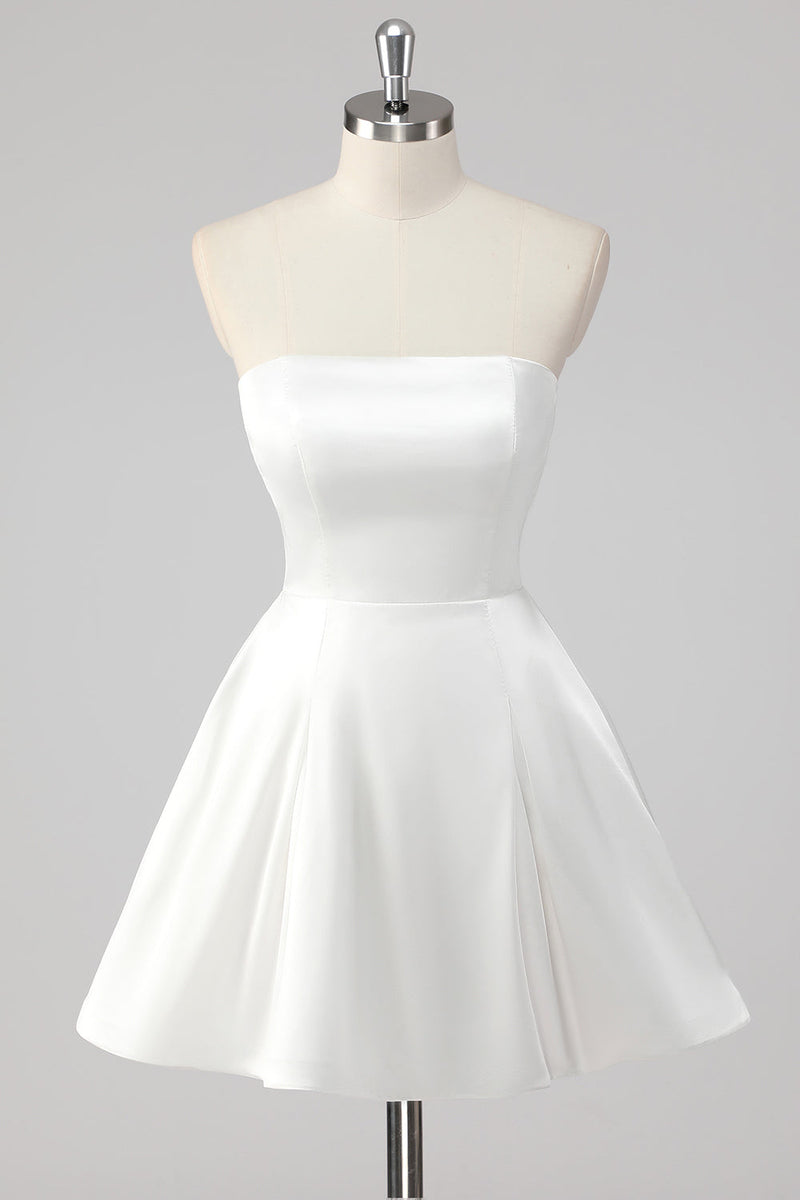 Load image into Gallery viewer, Simple White A Line Satin Strapless Short Graduation Dress