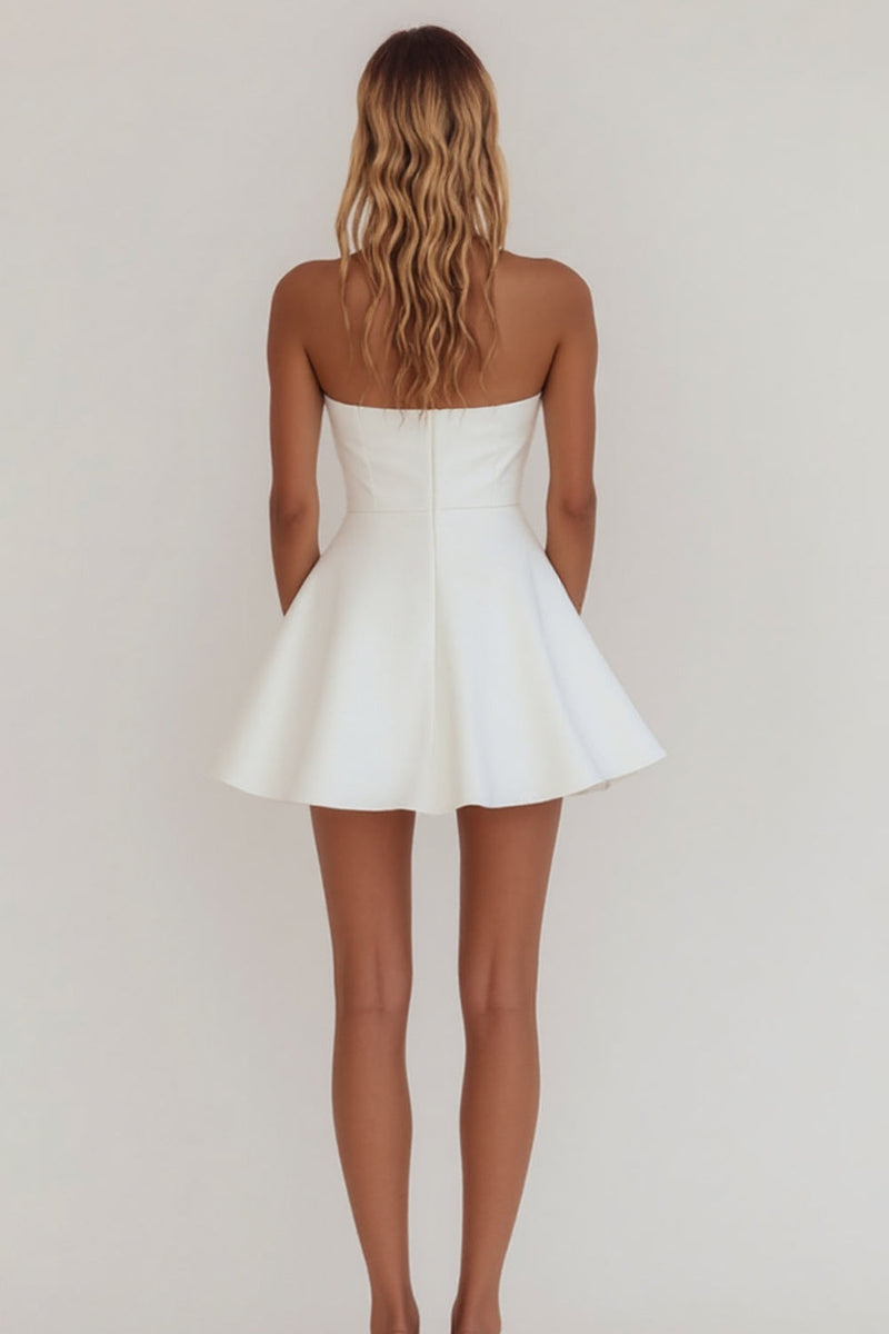 Load image into Gallery viewer, Simple White A Line Satin Strapless Short Graduation Dress