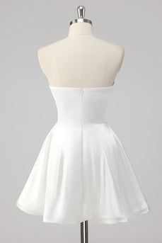 Simple White A Line Satin Strapless Short Graduation Dress