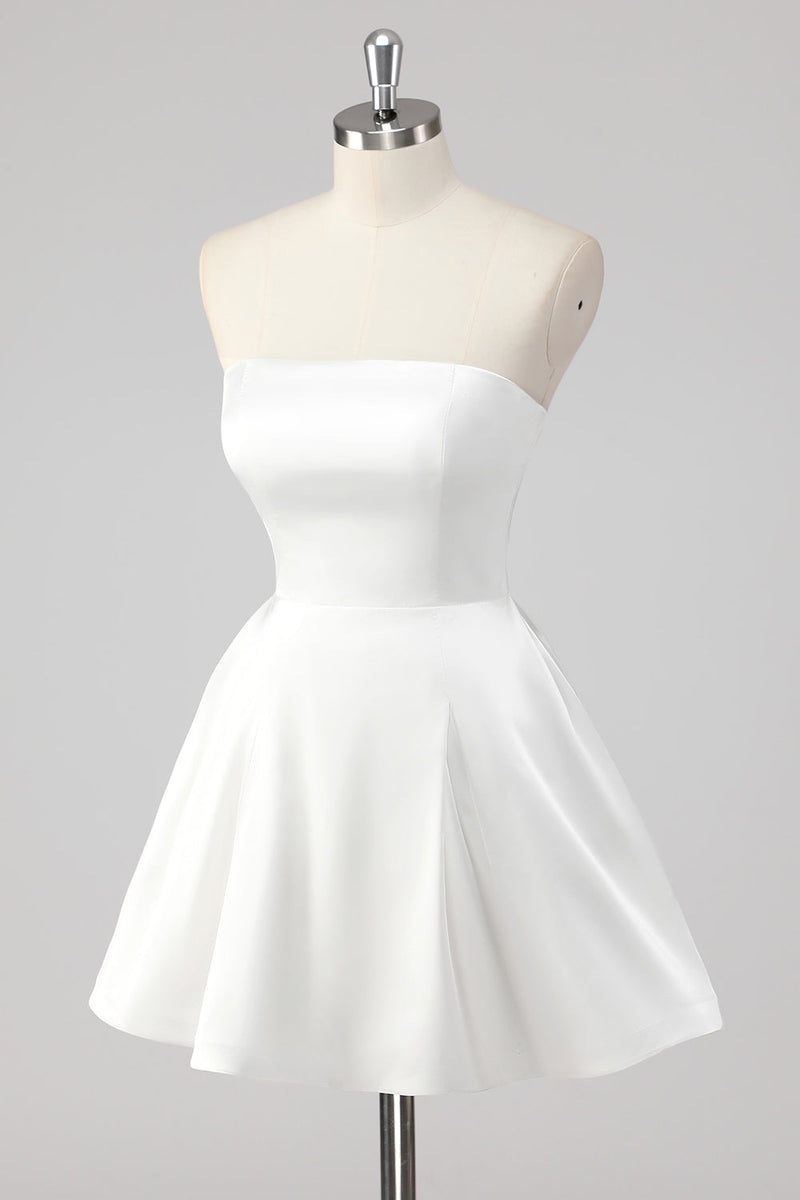 Load image into Gallery viewer, Simple White A Line Satin Strapless Short Graduation Dress
