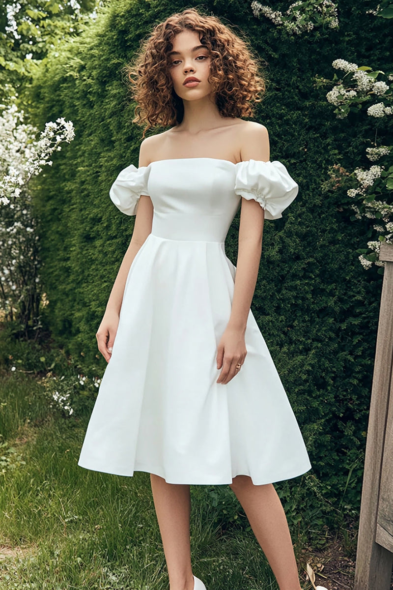 Load image into Gallery viewer, Satin White Off The Shoulder Knee Length Graduation Dress