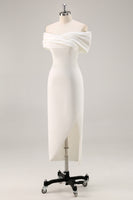 Load image into Gallery viewer, White Off The Shoulder Sheath Tea Length Graduation Dress
