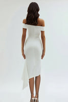 Load image into Gallery viewer, White Off The Shoulder Ruched Asymmetrical Tea Length Graduation Dress