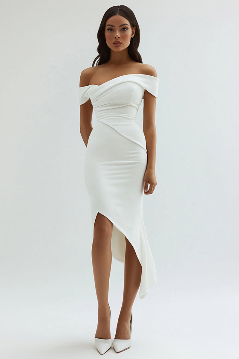 Queendancer Women Satin White Tea Length Graduation Dress with Ruch Off The Shoulder Sheath Little White Dress queendanceruk Queendancer Women Satin White Tea Length Graduation Dress with Ruch Off The Shoulder Sheath Little White Dress queendanceruk