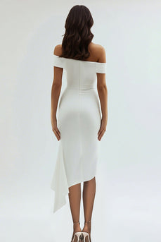 White Off The Shoulder Ruched Asymmetrical Tea Length Graduation Dress