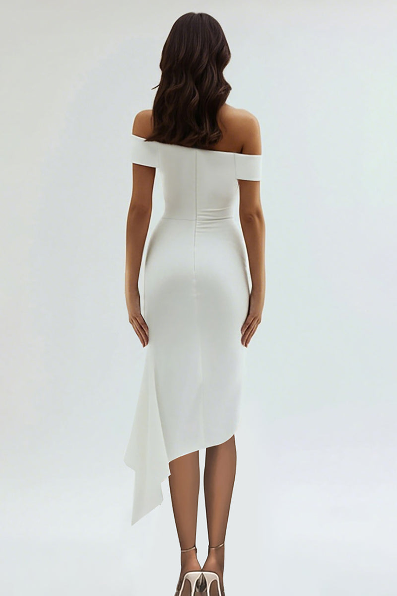 Load image into Gallery viewer, White Off The Shoulder Ruched Asymmetrical Tea Length Graduation Dress