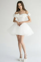 Load image into Gallery viewer, White Off The Shoulder A Line Tulle Short Graduation Dress with 3D Flowers
