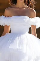 Load image into Gallery viewer, White Off the Shoulder Tiered Tulle Mini Graduation Dress