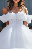 Load image into Gallery viewer, White Tulle Off the Shoulder A Line Mini Graduation Dress with Ruffles