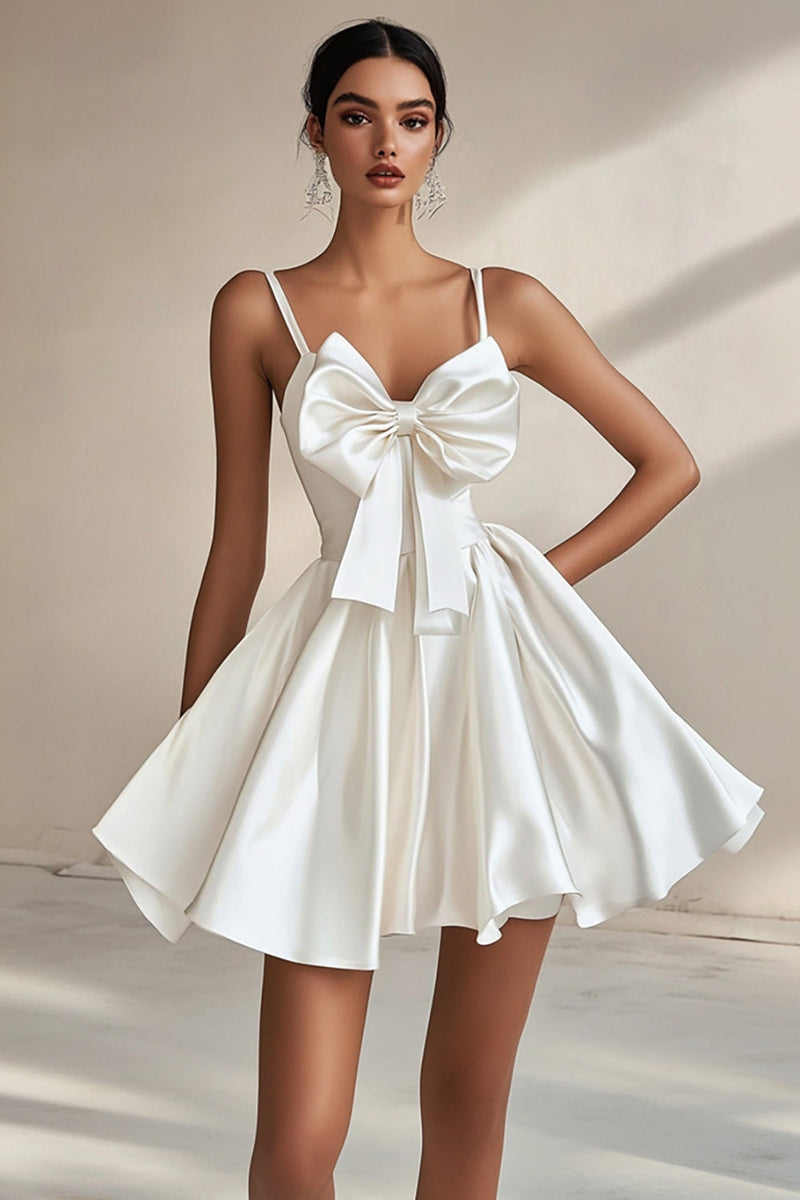Load image into Gallery viewer, A Line White Satin Spaghetti Straps Short Graduation Dress with Bowknot