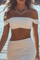 Load image into Gallery viewer, White 2-Piece Off the Shoulder Chiffon Graduation Dress