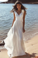 Load image into Gallery viewer, White Chiffon A Line V-Neck Long Engagement Dress