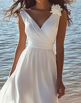 White Chiffon A Line V-Neck Long Engagement Dress
